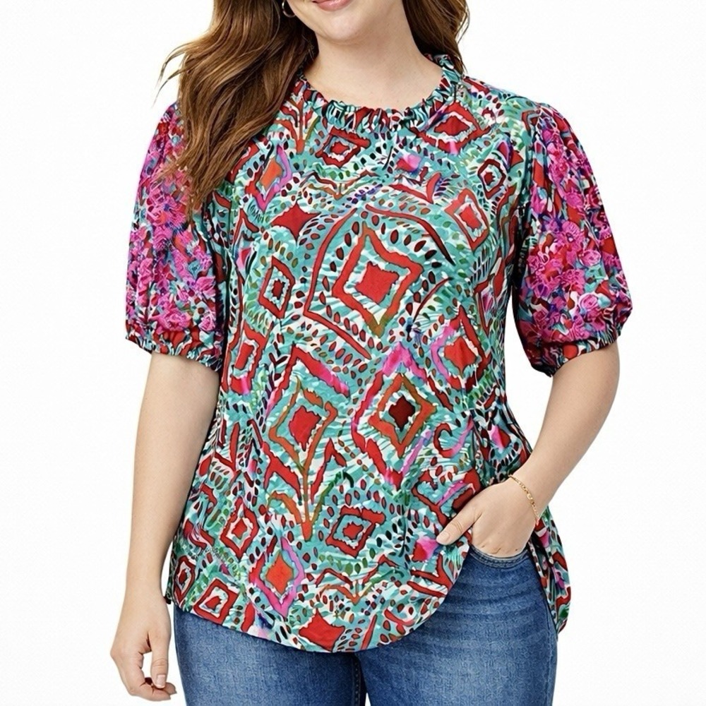 SAVANNA JANE Blouse sz L Teal Pink Embroidered Boho Ruffle Neck Puff Sleeve